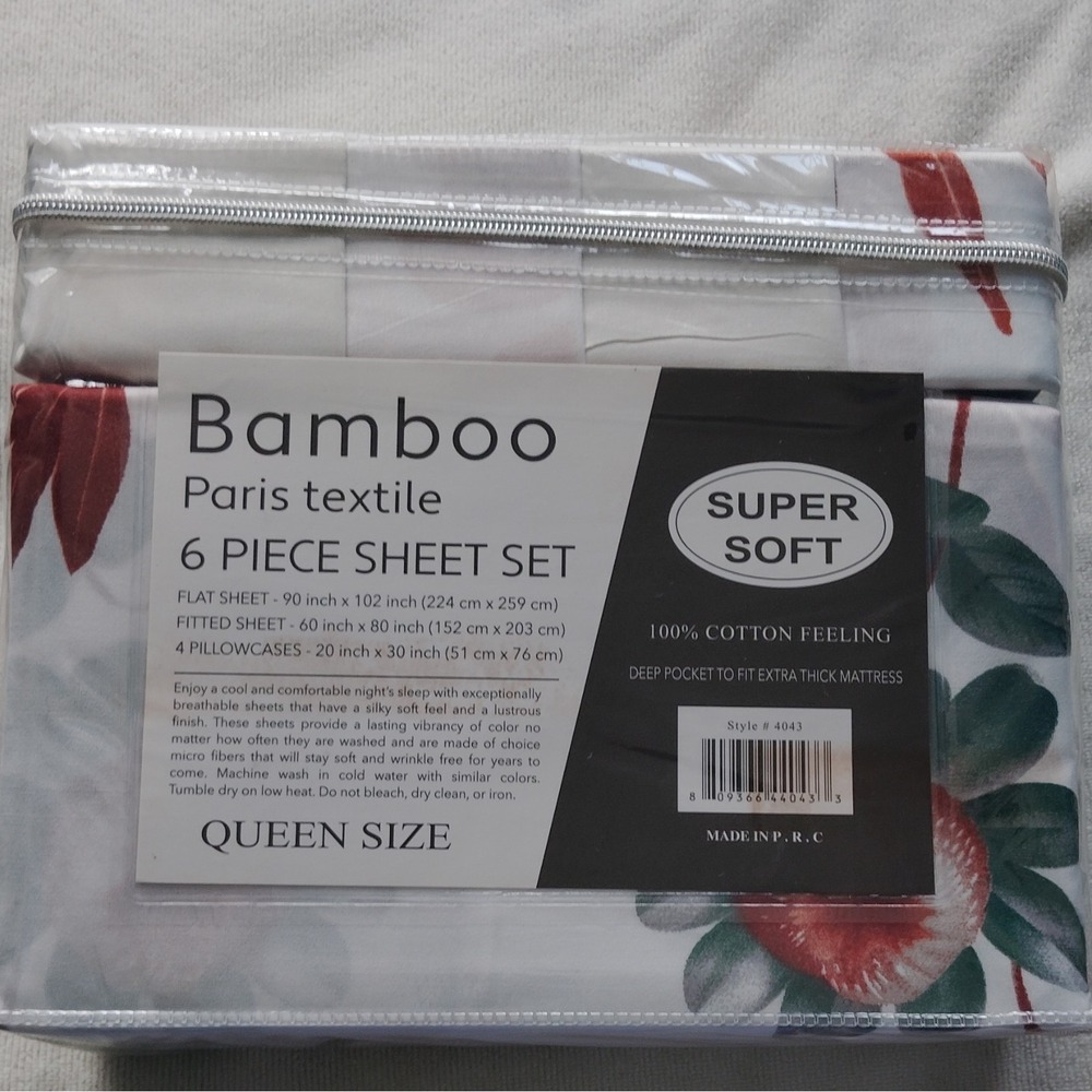 Paris Textile 2000 Series Queen Sheet Set White Green Red Floral Deep Pocket